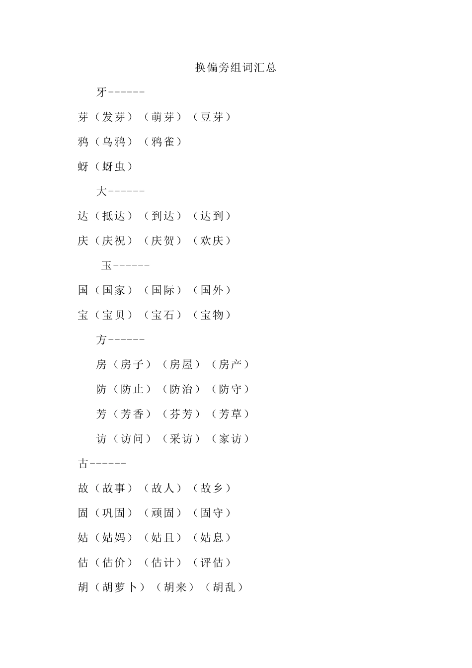 换偏旁组词汇总、偏旁部首专项练习、汉字偏旁部首名称表_第1页