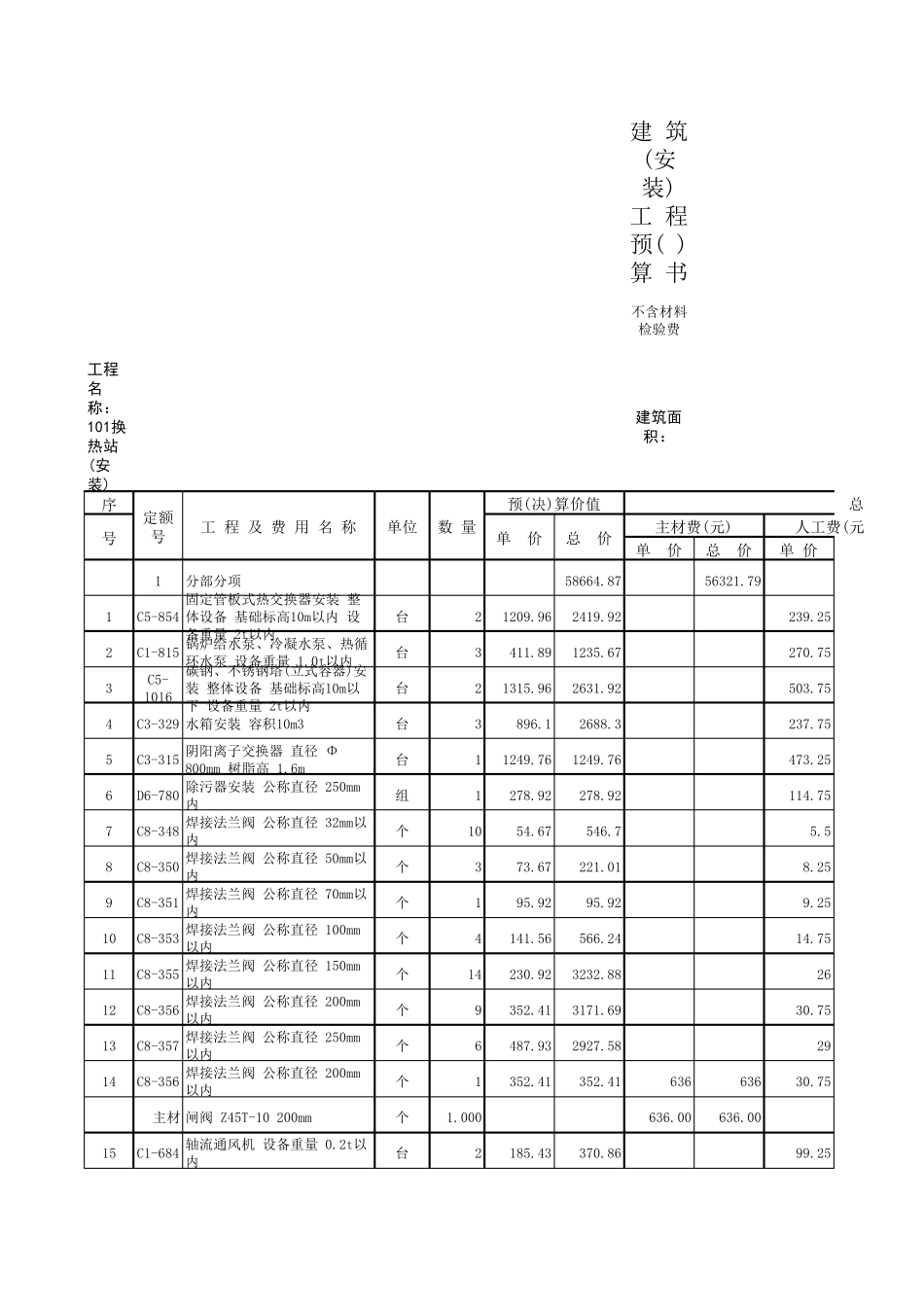 换热站安装工程预算表_第1页