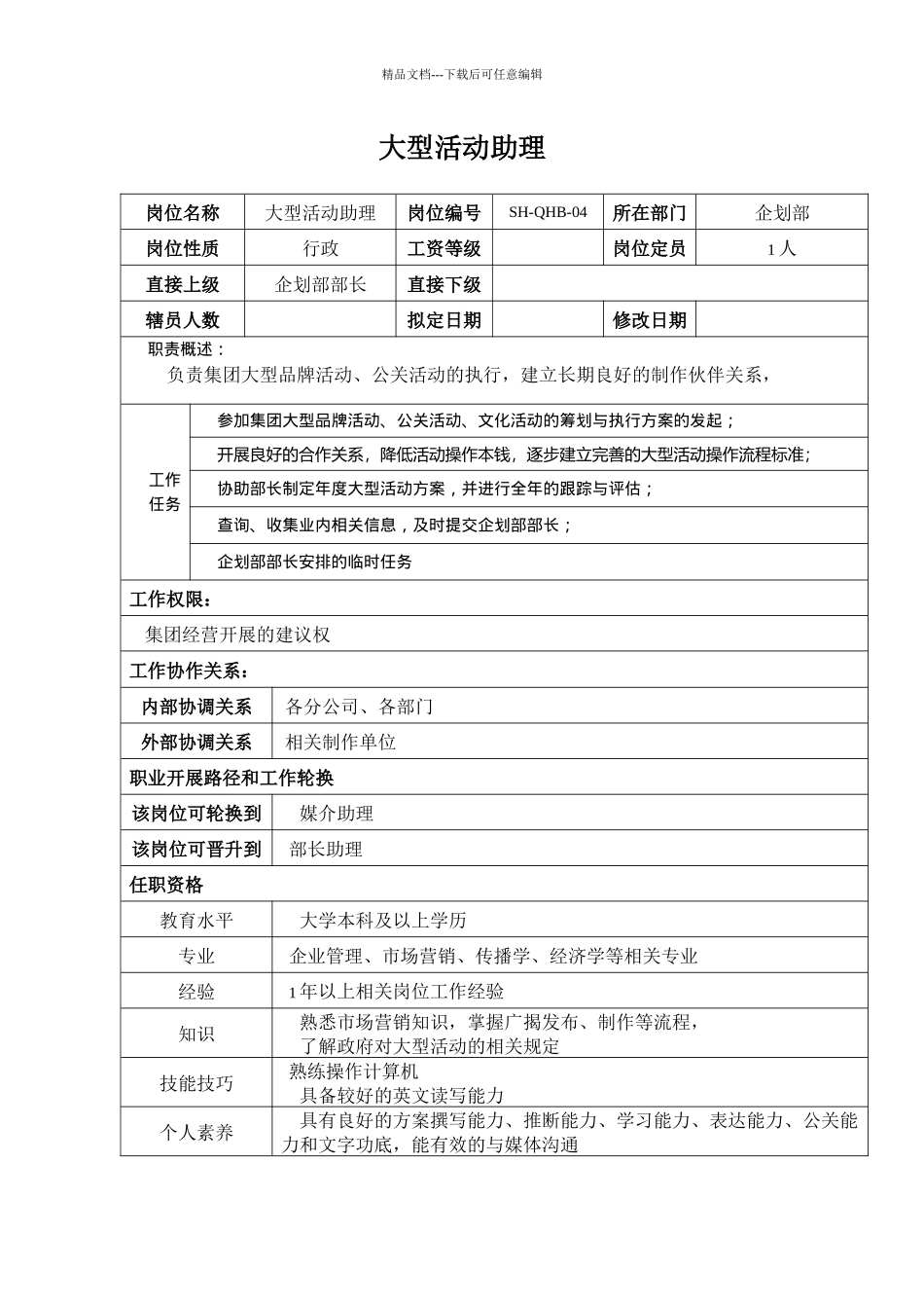 某汽车集团企划部大型活动助理岗位说明书_第1页