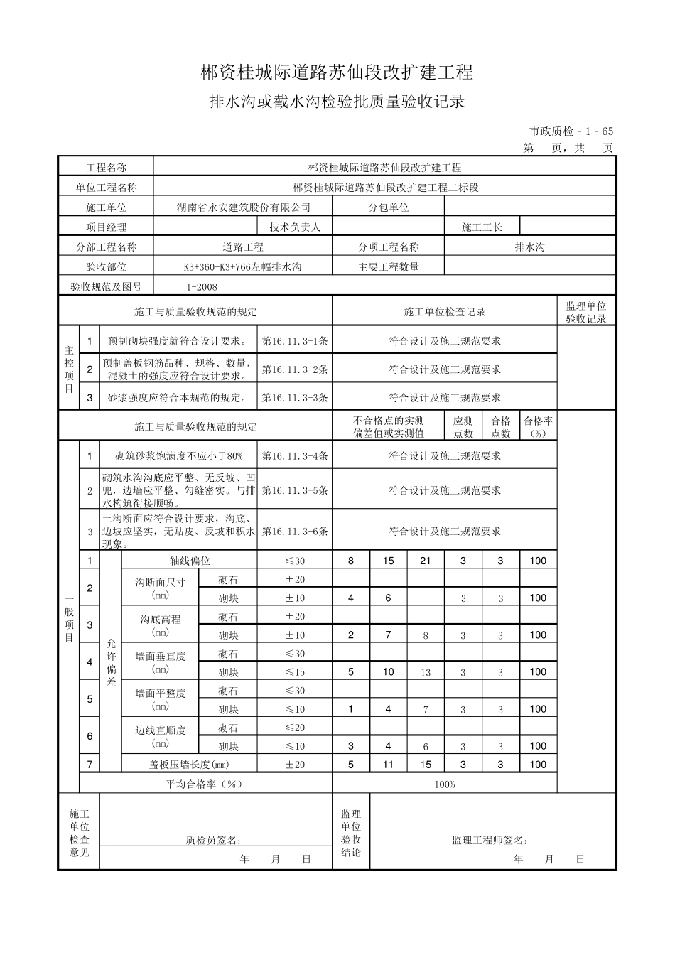 排水沟或截水沟检验批质量验收记录表_第2页