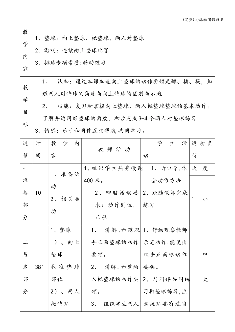 排球社团课教案_第1页