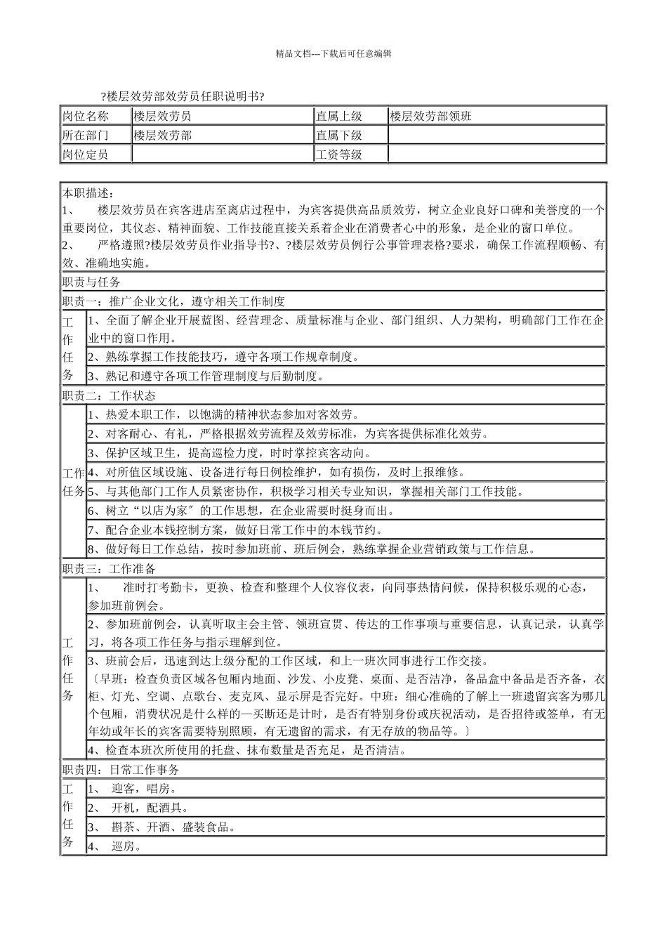某连锁餐饮企业楼层服务部服务员职务说明书_第1页