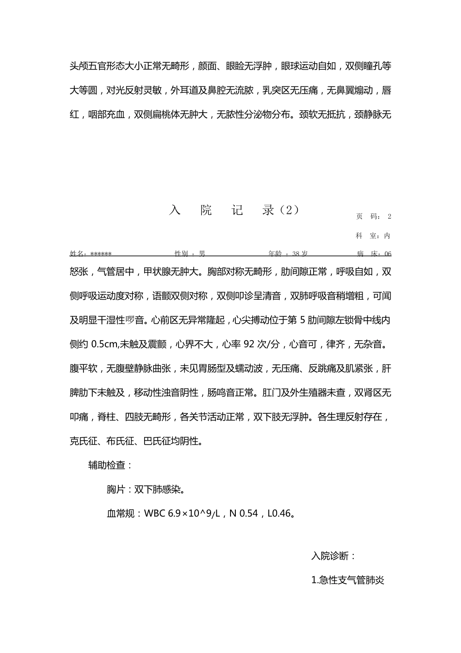 支气管肺炎病历模板._第2页