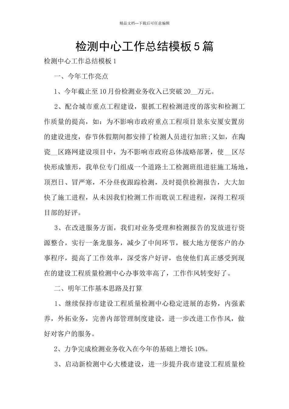 检测中心工作总结模板5篇_第1页
