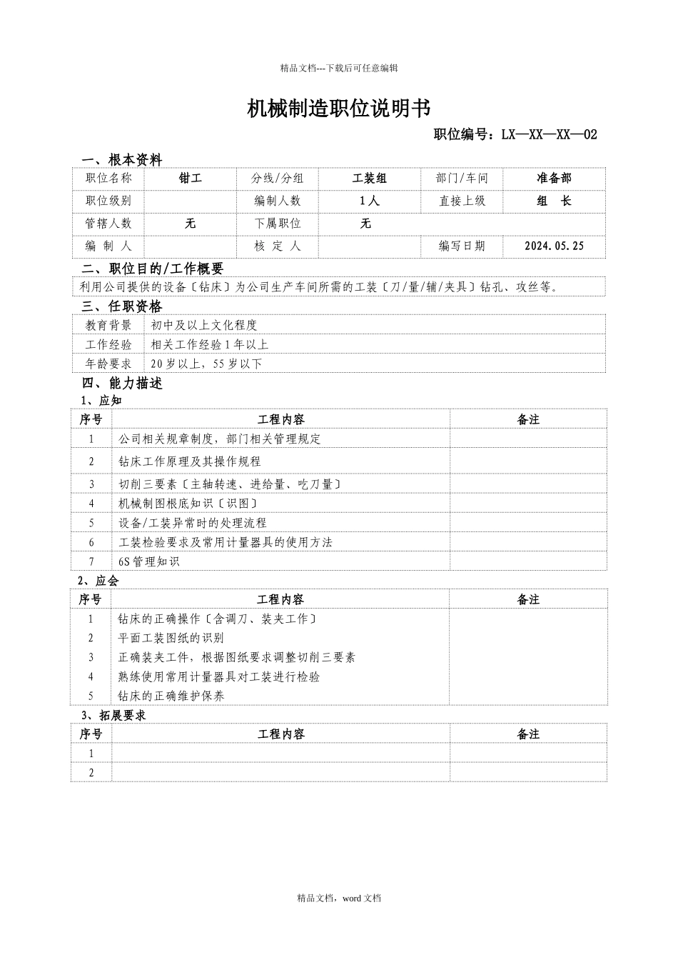 模具钳工岗位说明书_第1页