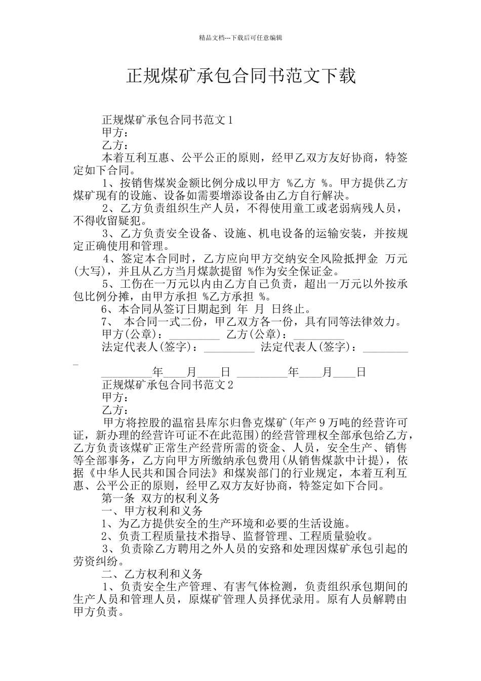 正规煤矿承包合同书范文下载_第1页