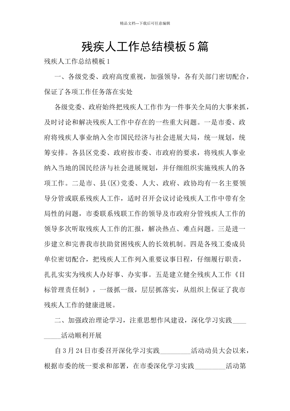 残疾人工作总结模板5篇_第1页