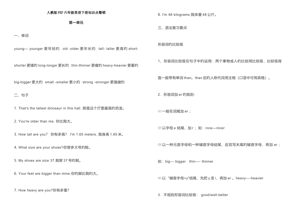 2025年人教版PEP六年级英语下册知识点整理_第1页