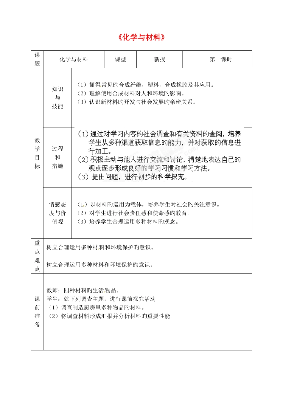 2025年福建省泉州市泉港区三川中学九年级化学全册化学与材料教案沪教版_第1页