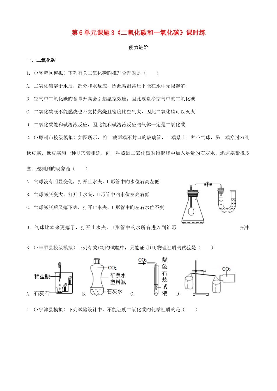 2025年九年级化学上册二氧化碳和一氧化碳能力进阶真题汇编课时练新版_第1页