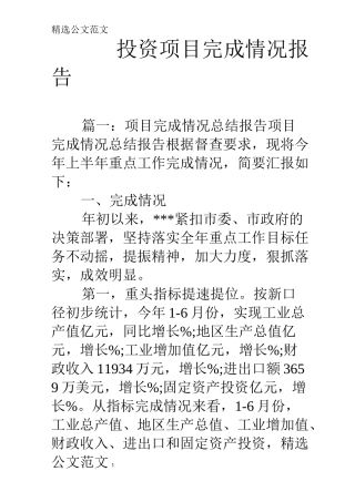 投资项目完成情况报告