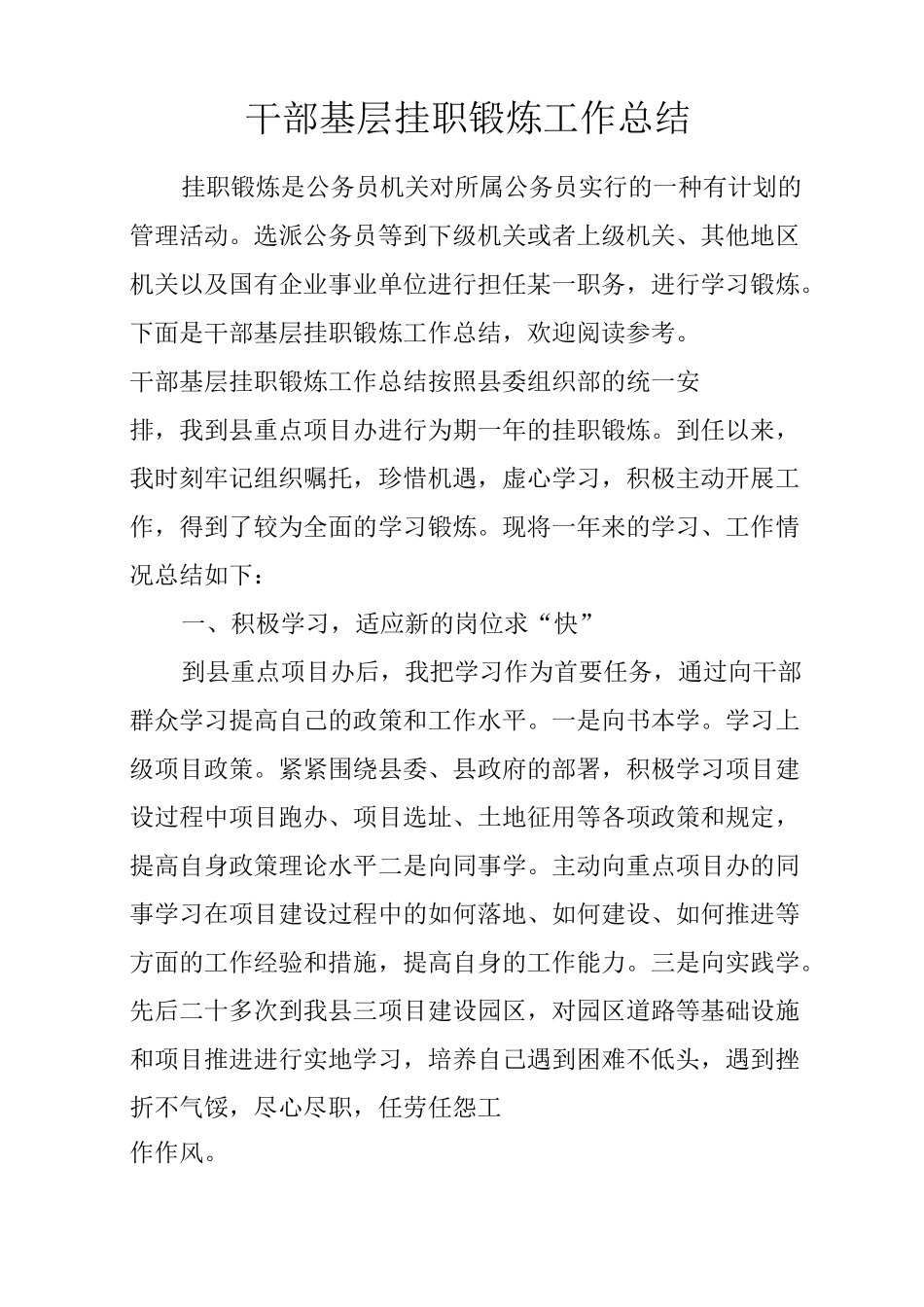 干部基层挂职锻炼工作总结_第1页