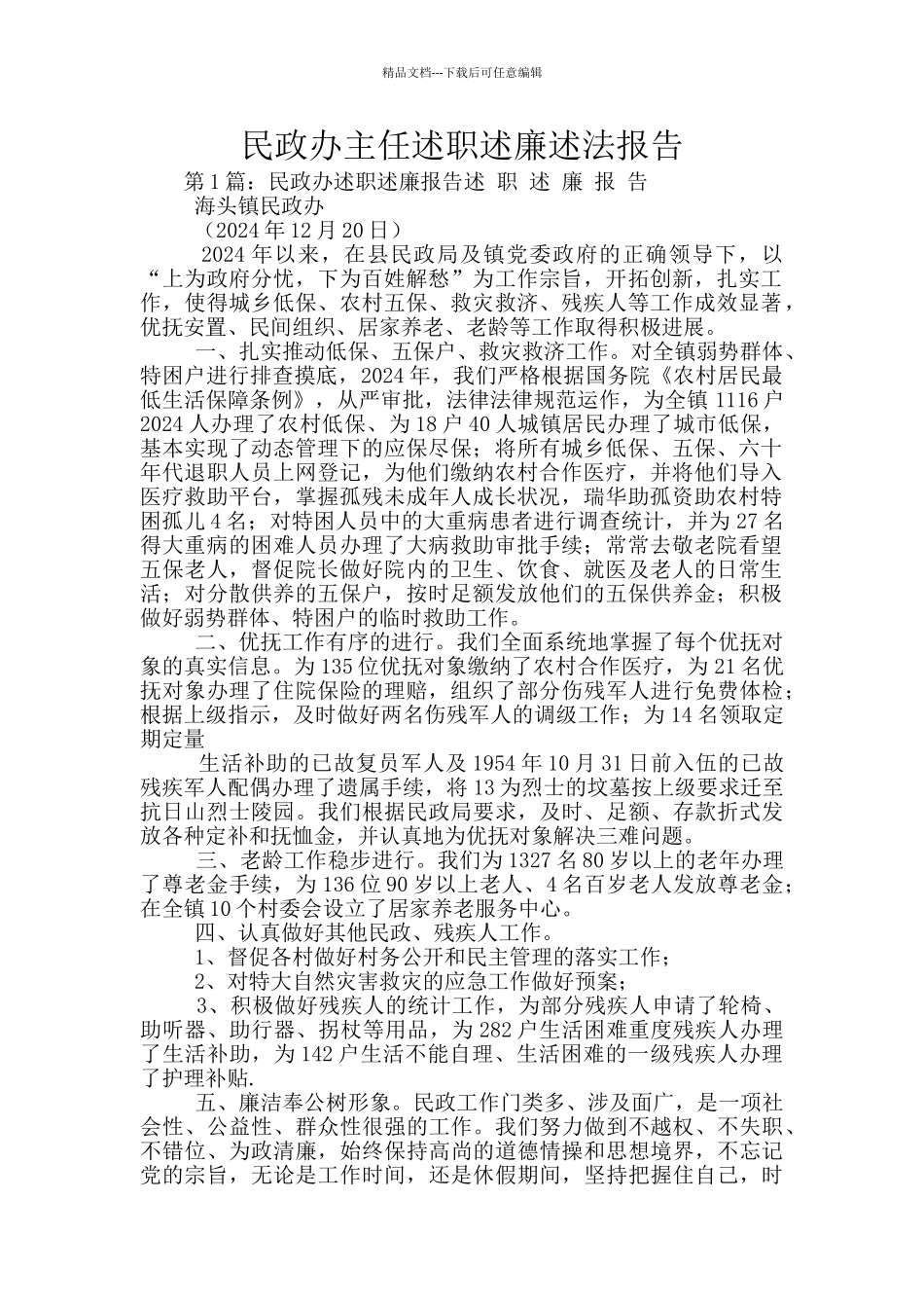 民政办主任述职述廉述法报告_第1页