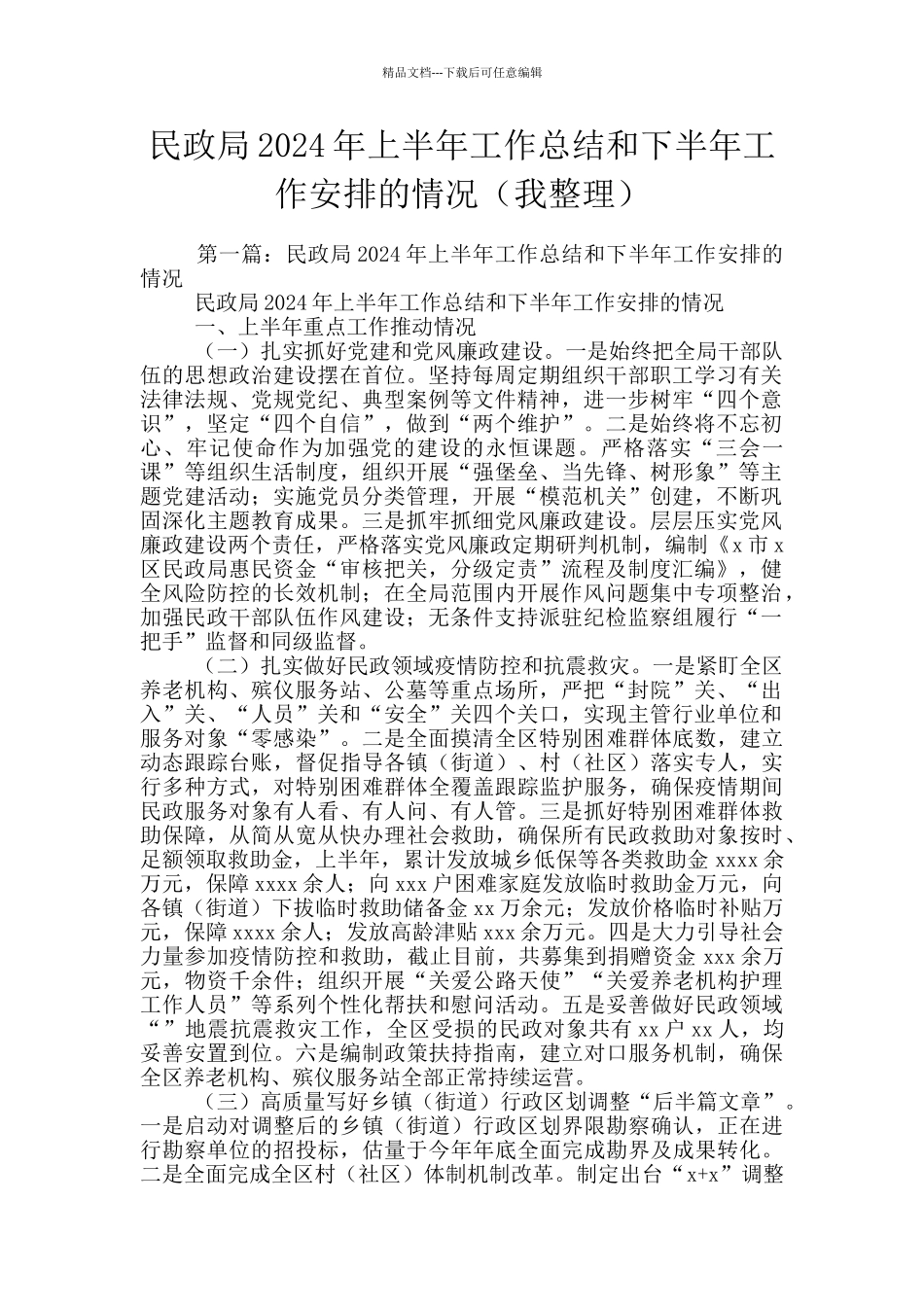 民政局2024年上半年工作总结和下半年工作安排的情况_第1页