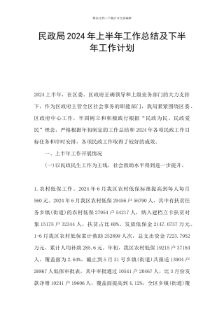 民政局2024年上半年工作总结及下半年工作计划