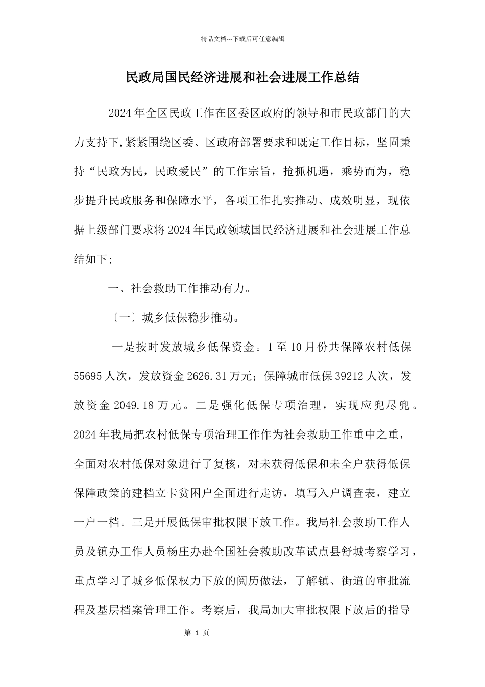 民政局国民经济发展和社会发展工作总结_第1页