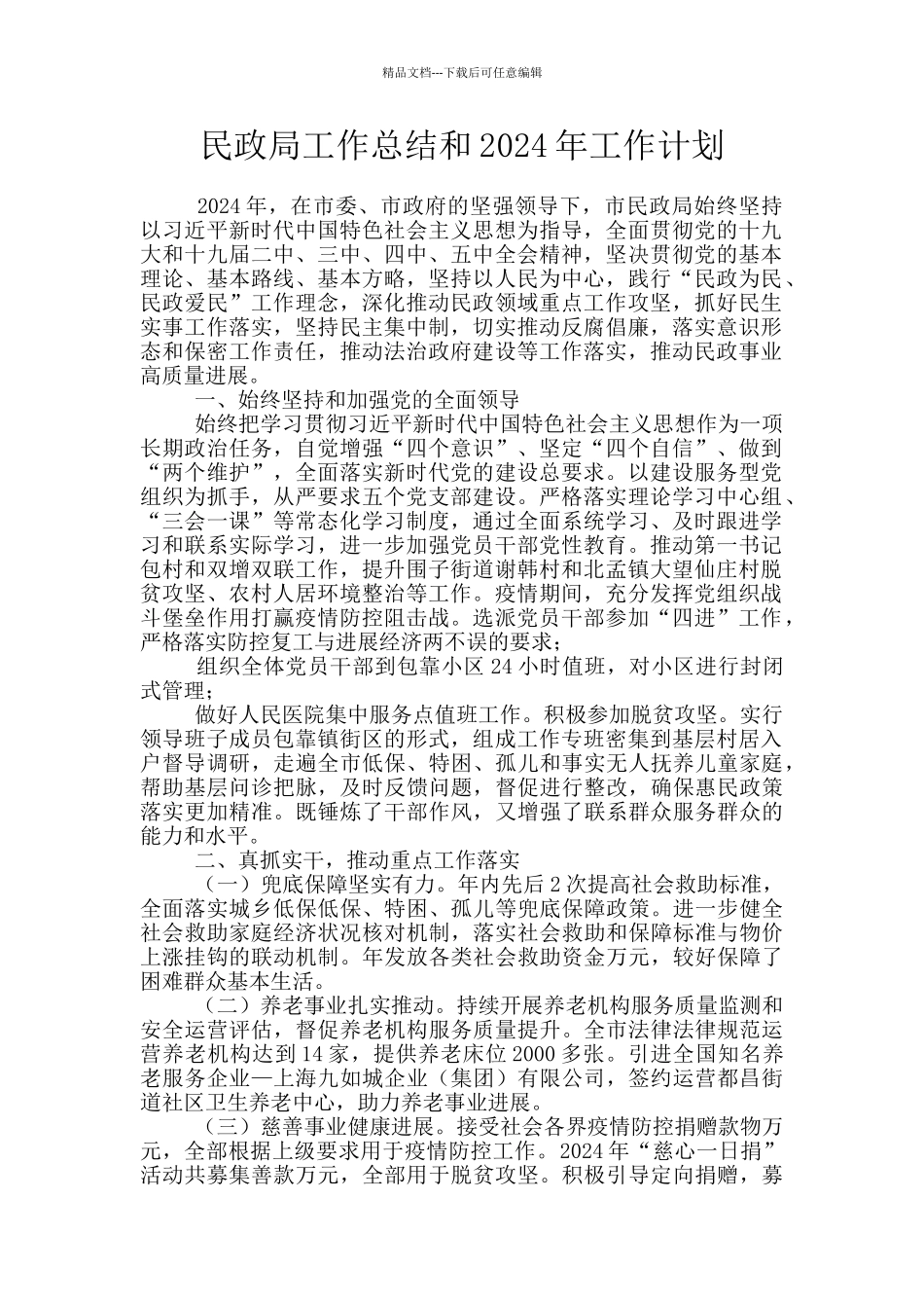 民政局工作总结和2024年工作计划_第1页