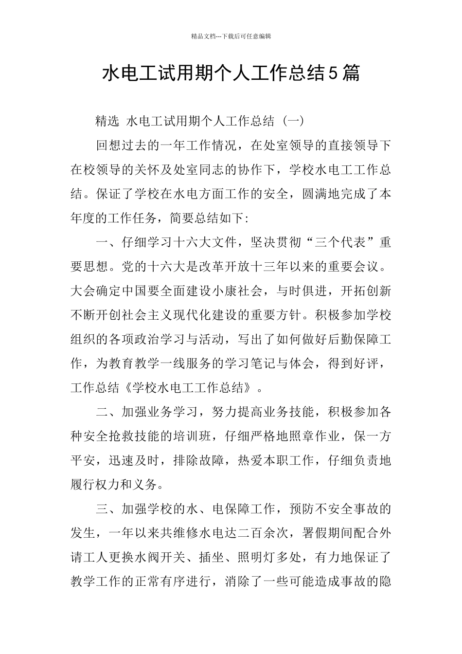 水电工试用期个人工作总结5篇_第1页