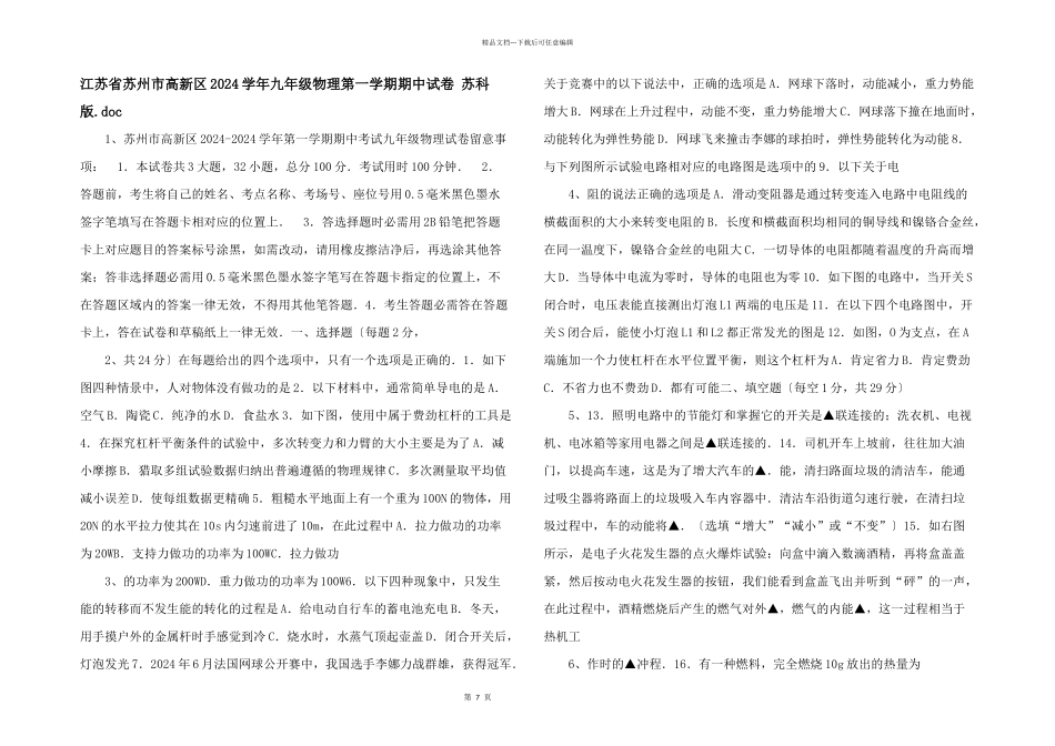 江苏省苏州市高新区2024学年九年级物理第一学期期中试卷_第1页