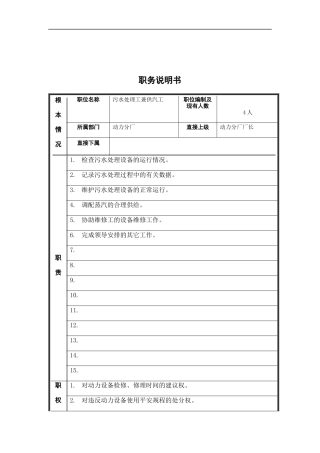 污水处理工兼供汽工岗位说明书