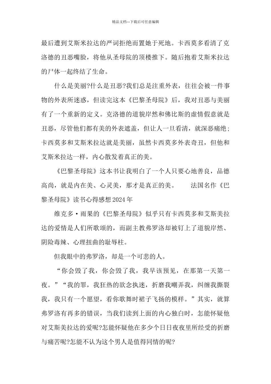 法国名作《巴黎圣母院》读书心得感想2024年_第2页