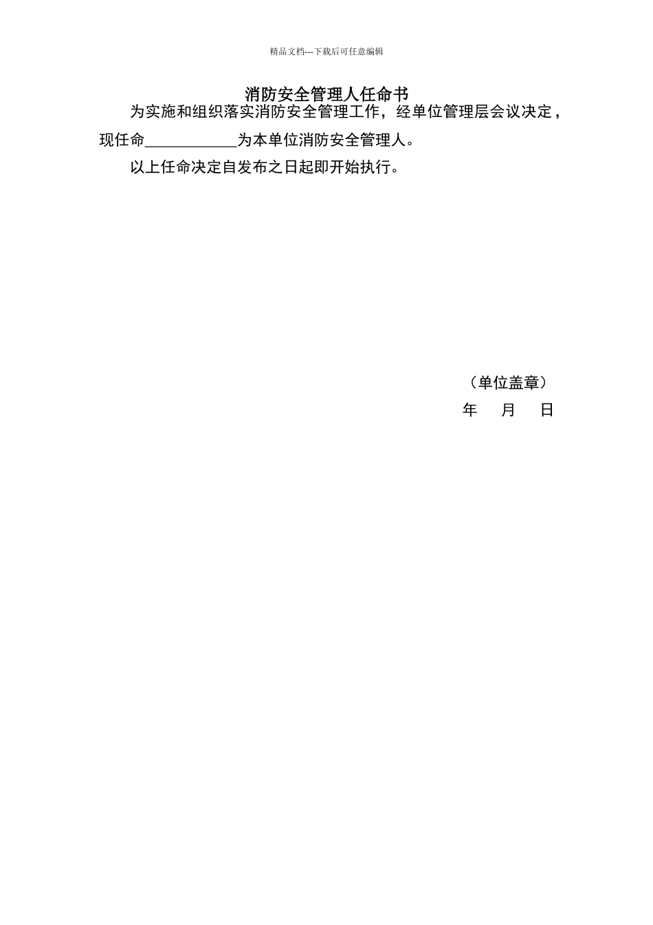 消防安全管理人任命书(格式)_第1页