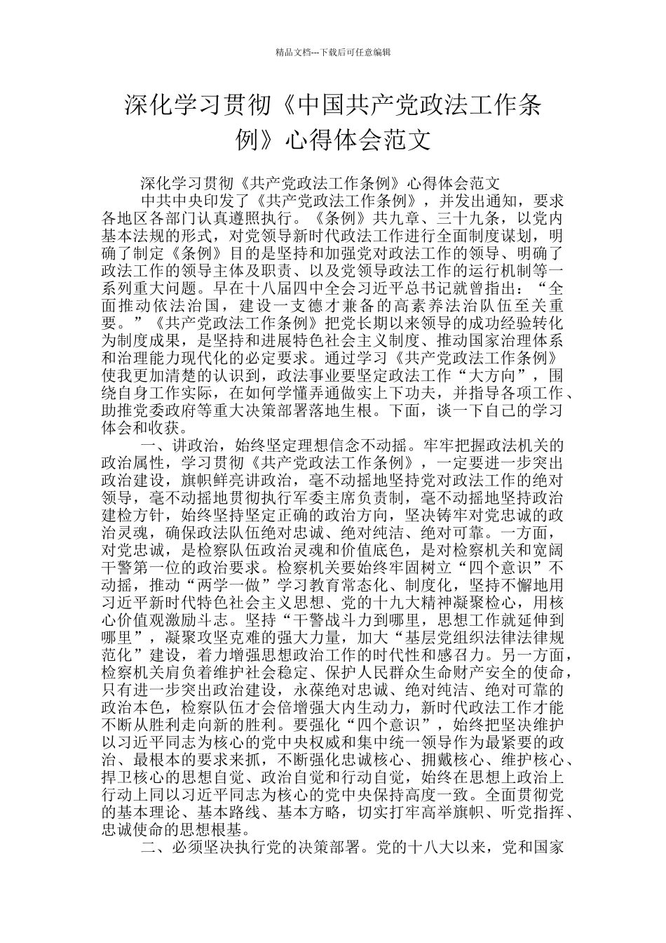 深入学习贯彻《中国共产党政法工作条例》心得体会范文_第1页