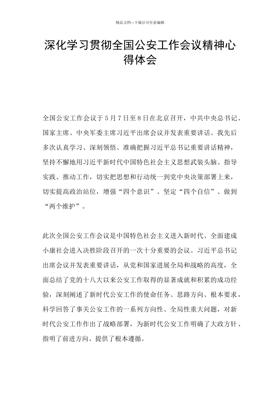 深入学习贯彻全国公安工作会议精神心得体会_第1页