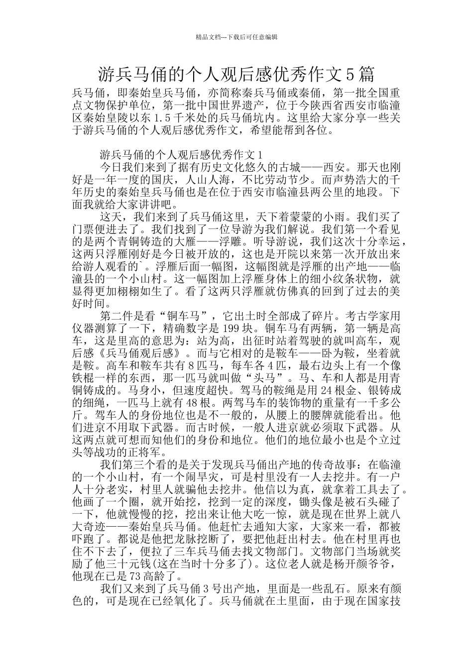 游兵马俑的个人观后感优秀作文5篇_第1页