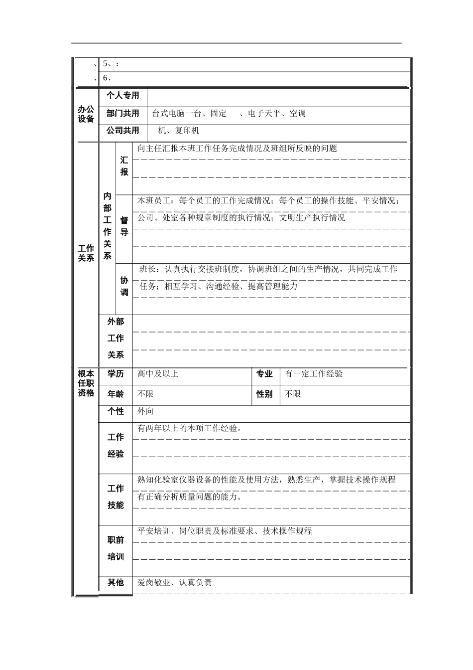 炉前化验班长职位说明书_第2页