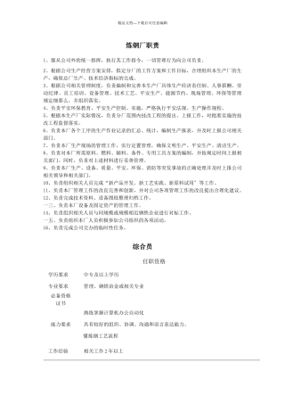 炼钢厂部门、岗位职责说明书