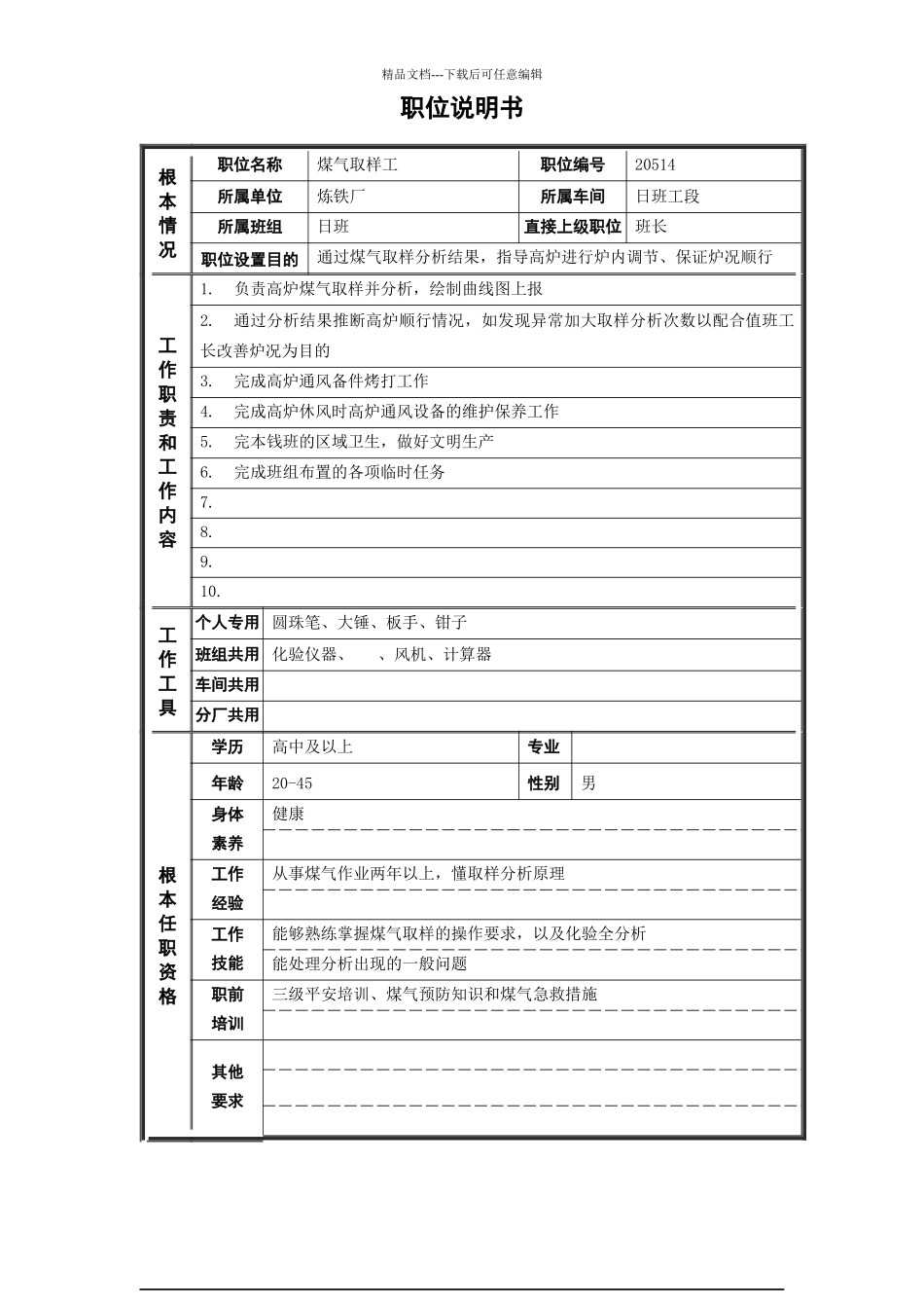 煤气取样岗位说明书_第1页