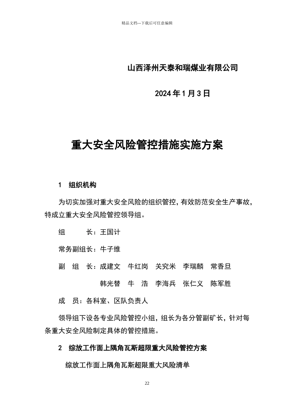 煤矿2024重大安全风险管控措施实施方案_第2页