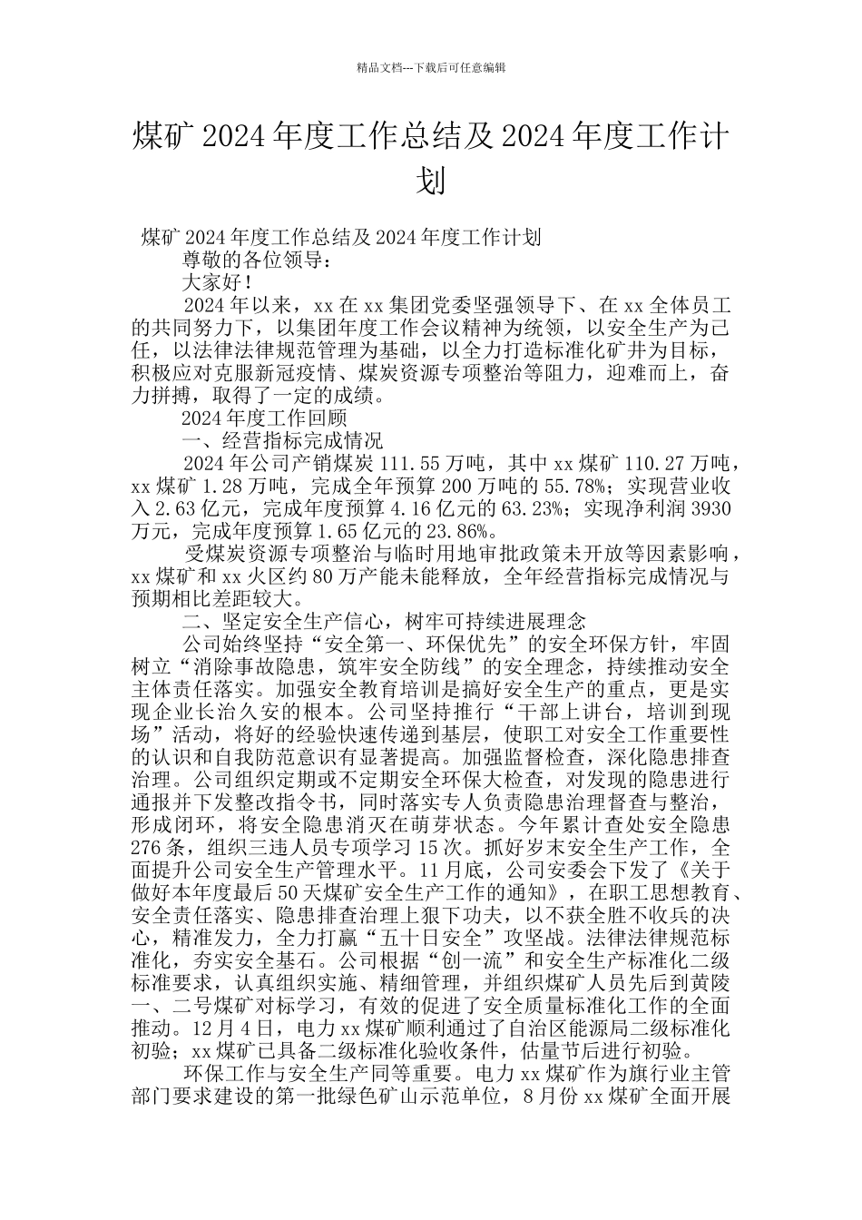 煤矿2024年度工作总结及2024年度工作计划_第1页