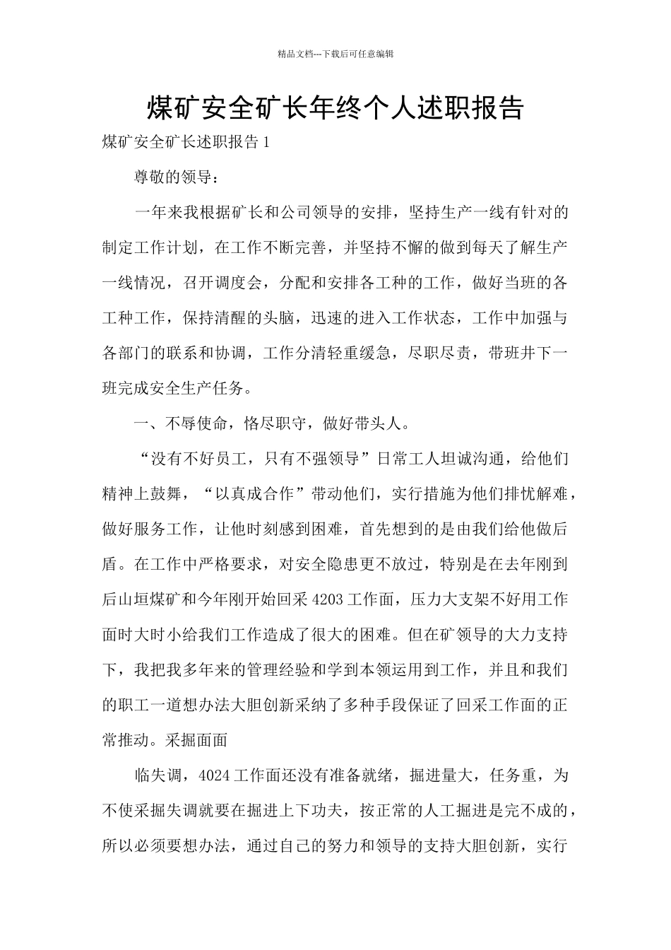 煤矿安全矿长年终个人述职报告_第1页