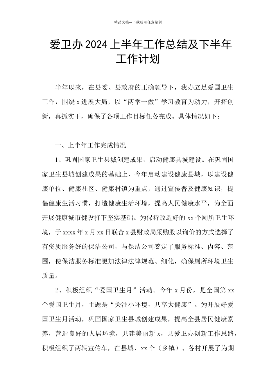 爱卫办2024上半年工作总结及下半年工作计划_第1页