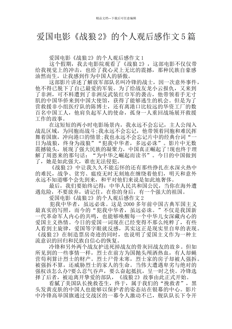 爱国电影《战狼2》的个人观后感作文5篇_第1页