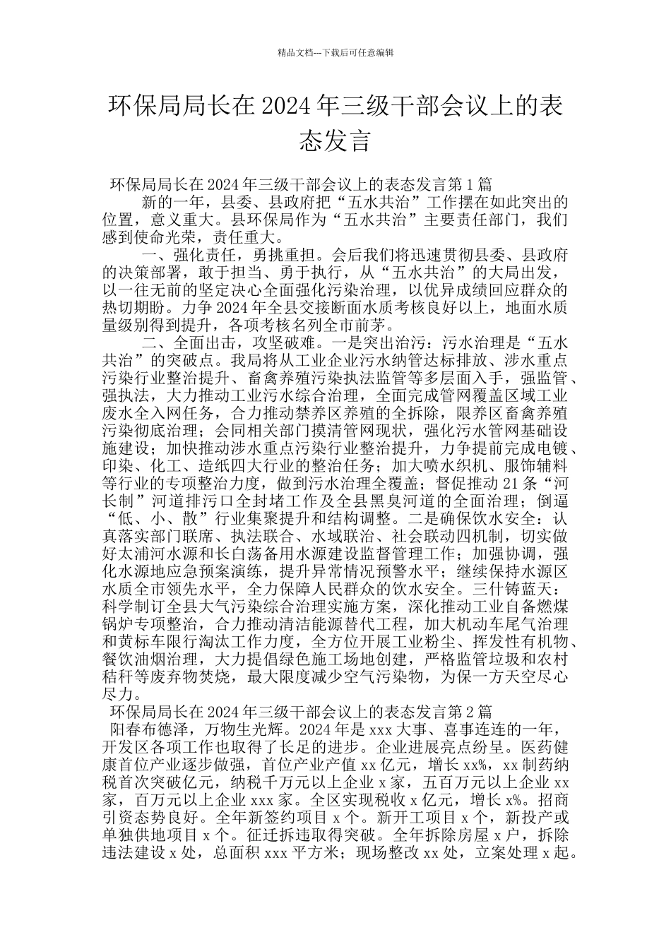 环保局局长在2024年三级干部会议上的表态发言_第1页