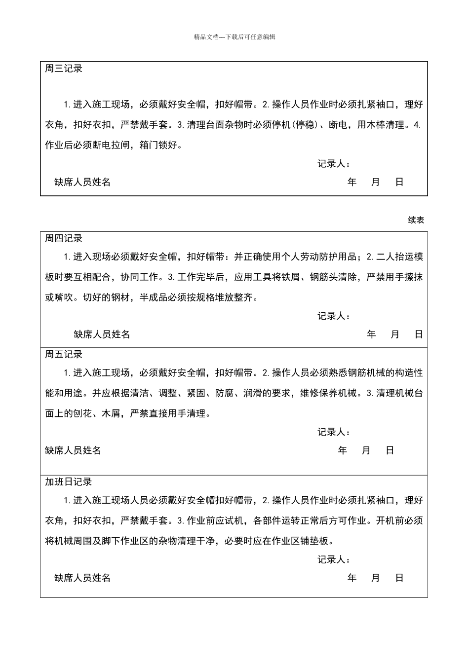 班前安全活动及周讲评记录表_第2页
