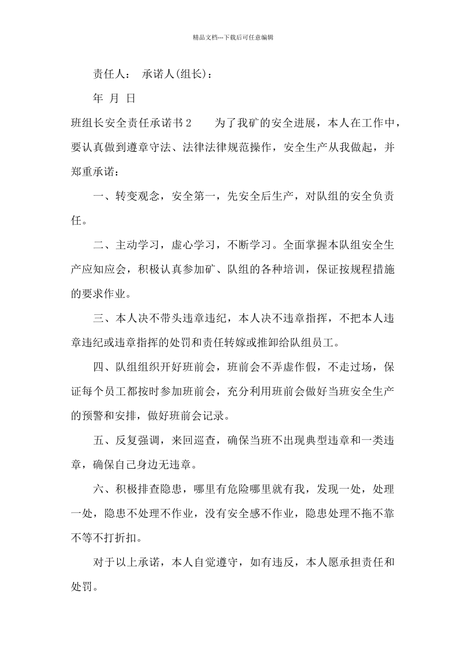 班组长安全责任承诺书5篇_第3页