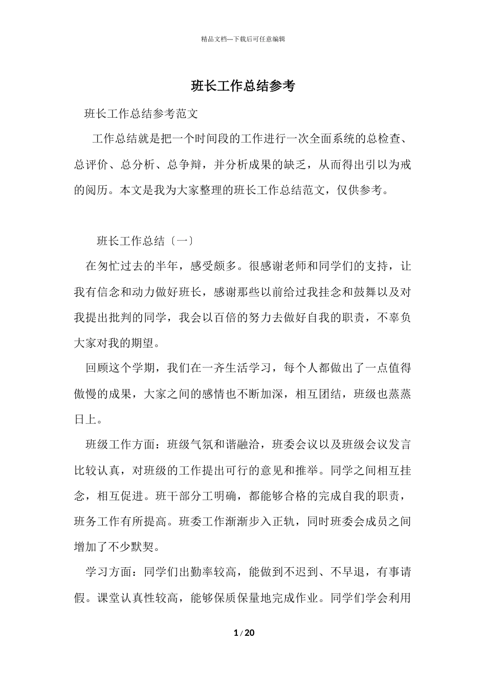 班长工作总结参考_第1页