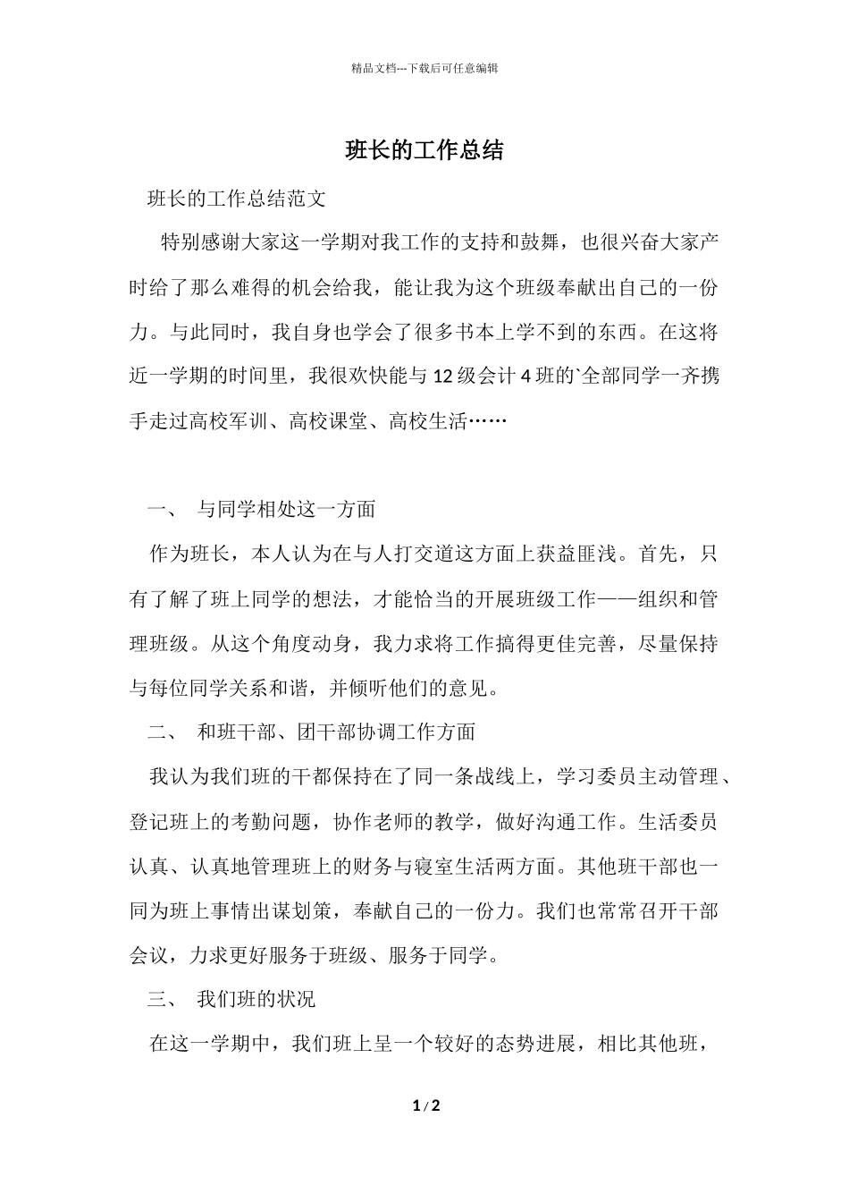 班长的工作总结_第1页