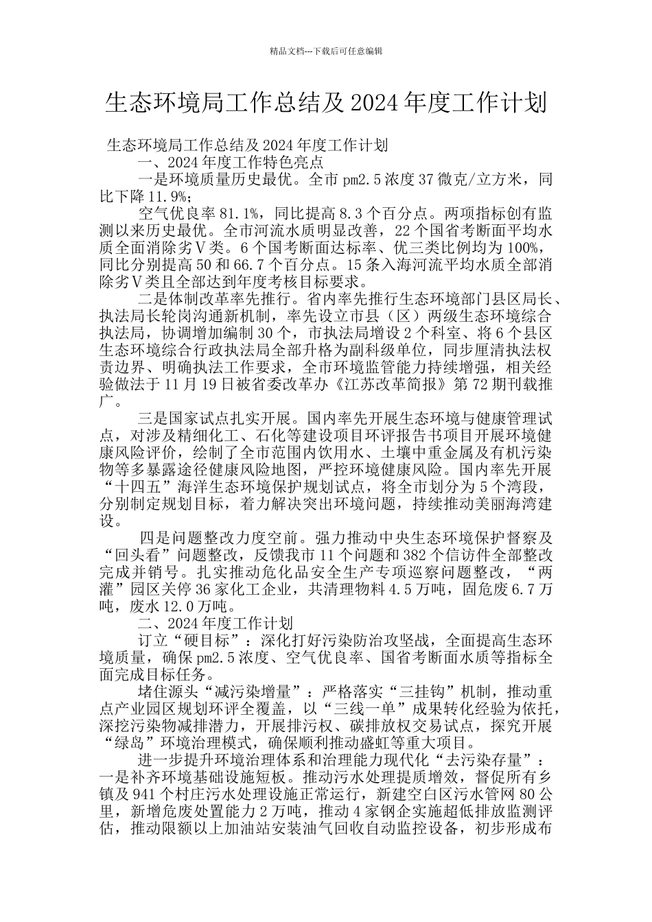 生态环境局工作总结及2024年度工作计划_第1页