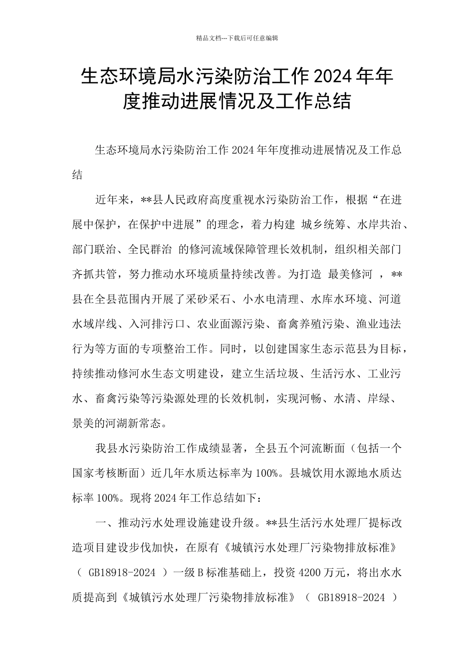 生态环境局水污染防治工作2024年年度推进进展情况及工作总结_第1页