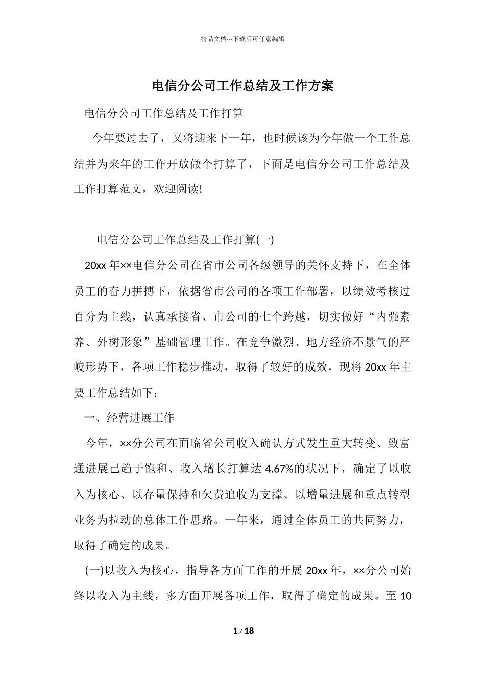 电信分公司工作总结及工作计划_第1页