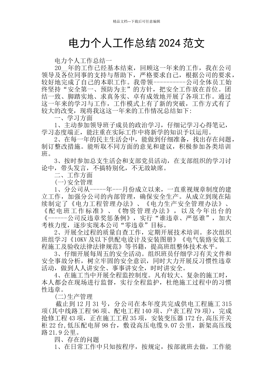 电力个人工作总结2024范文_第1页