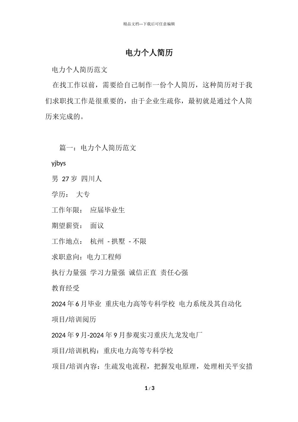 电力个人简历_第1页