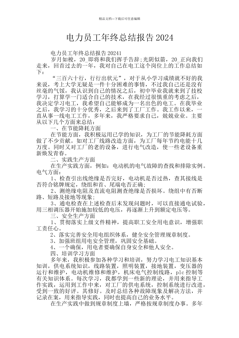 电力员工年终总结报告2024_第1页