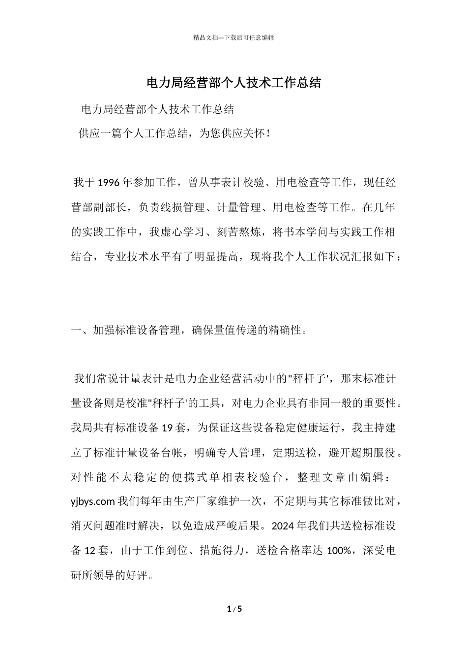 电力局经营部个人技术工作总结_第1页