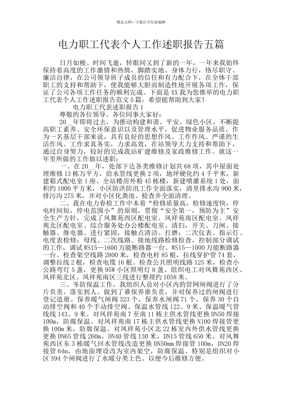 电力职工代表个人工作述职报告五篇_第1页